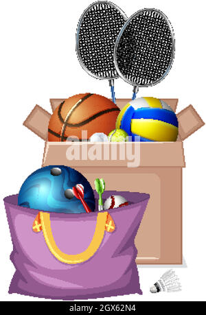 Boîte en carton pleine d'équipements de sport sur fond blanc Illustration de Vecteur
