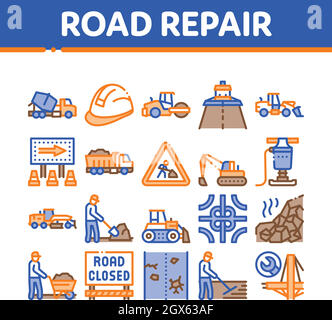 Les icônes de réparation et de construction de routes définissent le vecteur Illustration de Vecteur