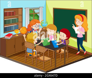 Enseignant et étudiant dans la salle de classe avec meubles Illustration de Vecteur