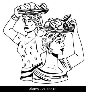 Femmes avec des paniers de grains de café dans le style noir et blanc, illustration vectorielle isolée sur fond blanc. Emblème et ident. Monochrome du café Illustration de Vecteur
