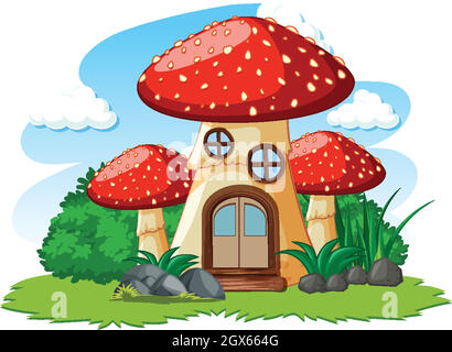 Maison aux champignons et dessin animé sur fond blanc Illustration de Vecteur