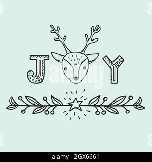 Montage de Noël dessiné à la main. Éléments de vacances, renne, couronne, étoile, joie. Noir et blanc. Illustration de Vecteur