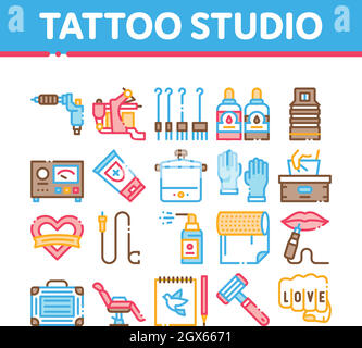 Tattoo Studio Tool Collection Icons Définir Le Vecteur Illustration de Vecteur