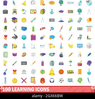 100 icons set d'apprentissage, style cartoon Illustration de Vecteur