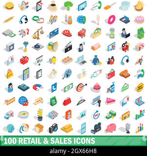 Les ventes au détail 100 icons set, style 3D isométrique Illustration de Vecteur