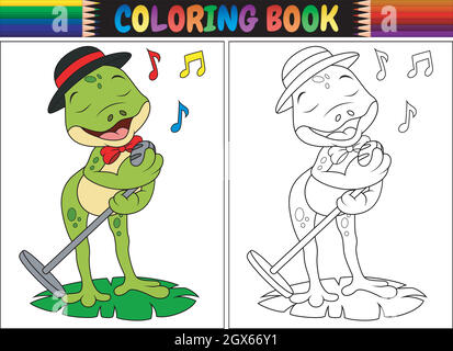 Livre de coloriage dessin animé grenouille chant Illustration de Vecteur