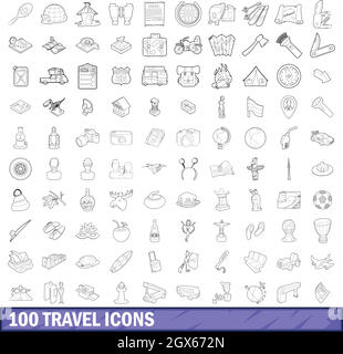 100 travel icons set style du contour, Illustration de Vecteur