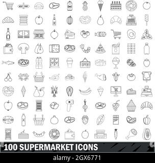 Supermarché 100 icons set style du contour, Illustration de Vecteur