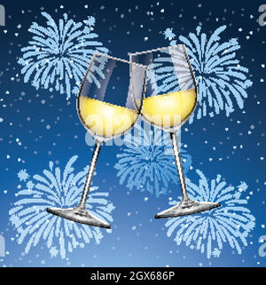 Arrière-plan avec deux verres de champagne et feux d'artifice Illustration de Vecteur