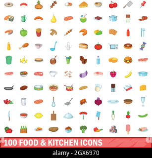100 Nourriture et cuisine icons set, cartoon style Illustration de Vecteur