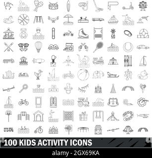 Activités pour les enfants 100 icons set style du contour, Illustration de Vecteur