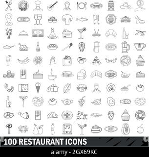 Restaurant 100 icons set style du contour, Illustration de Vecteur