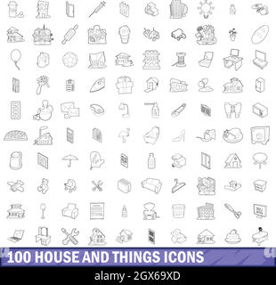 100 chambre et choses icons set style du contour, Illustration de Vecteur