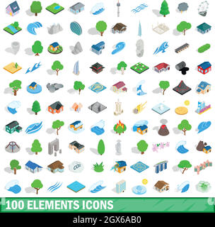 100 éléments icons set, style 3D isométrique Illustration de Vecteur