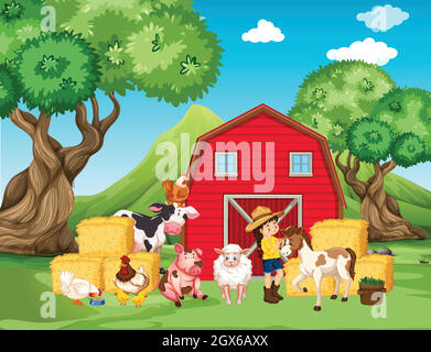 Scène de ferme avec fermier et beaucoup d'animaux sur la ferme Illustration de Vecteur