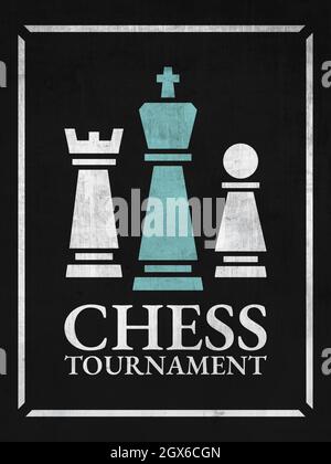 Design de l'affiche du tournoi d'échecs. Blue King et White Pawn and Rook, éléments de contour sur fond noir avec texte. Style moderne. Illustration Banque D'Images