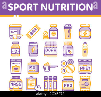 Nutrition sportive vecteur ligne mince cellules Icons Set Illustration de Vecteur