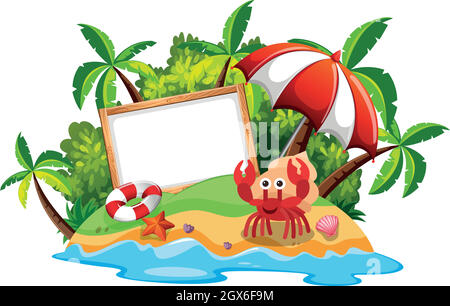 Tableau blanc sur l'île avec crabe ermite Illustration de Vecteur