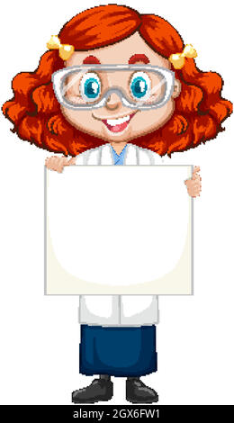 Fille en robe de science tenant le papier sur fond blanc Illustration de Vecteur