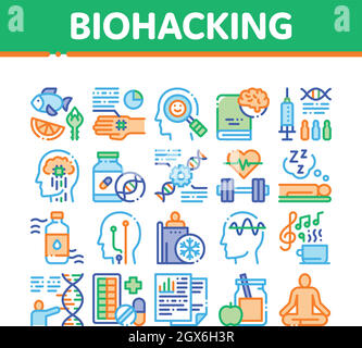 Biohacking Éléments Collection Icons Set Vector Illustration de Vecteur