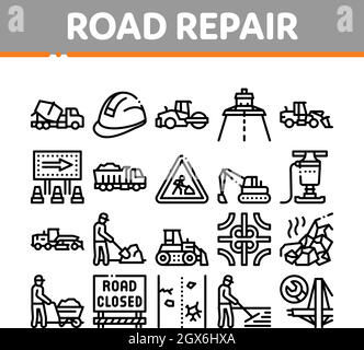 Les icônes de réparation et de construction de routes définissent le vecteur Illustration de Vecteur