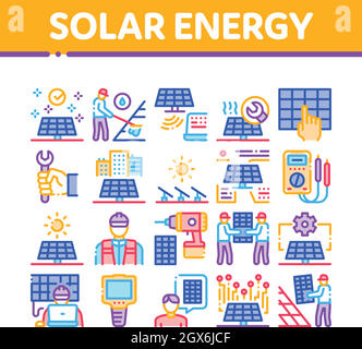 Les icônes de collecte des techniciens en énergie solaire permettent de définir le vecteur Illustration de Vecteur