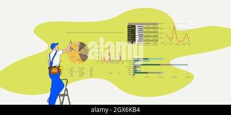 Cartoon Builder explique le plan de construction modèle portant uniforme et Helmet Construction Worker Entrepreneur Male Workman Flat Illustration Banque D'Images