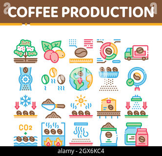 Les icônes de la collection de production de café définissent les illustrations vectorielles Illustration de Vecteur