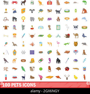 Animaux domestiques 100 icons set, cartoon style Illustration de Vecteur