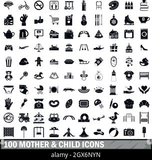 100 la mère et l'enfant, le style simple icons set Illustration de Vecteur