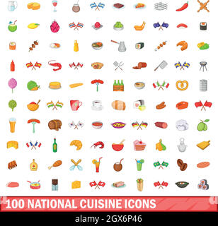 La cuisine nationale 100 icons set, cartoon style Illustration de Vecteur