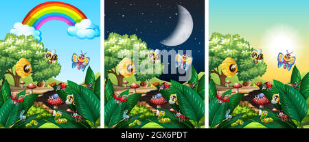 Trois scènes de nature avec des temps différents Illustration de Vecteur