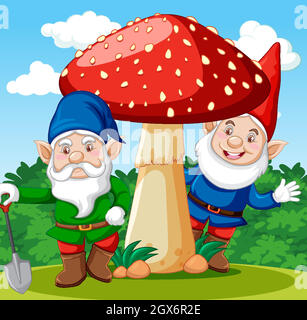 Gnomes debout avec personnage de dessin animé champignon sur fond de jardin Illustration de Vecteur