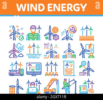 Icônes de collecte des techniciens d'énergie éolienne définir le vecteur Illustration de Vecteur