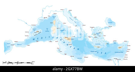 Carte vectorielle de la mer Méditerranée, du sud de l'Europe, de l'Afrique du Nord et du Moyen-Orient Illustration de Vecteur