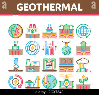 Les icônes de la collection d'énergie géothermique définissent des illustrations vectorielles Illustration de Vecteur