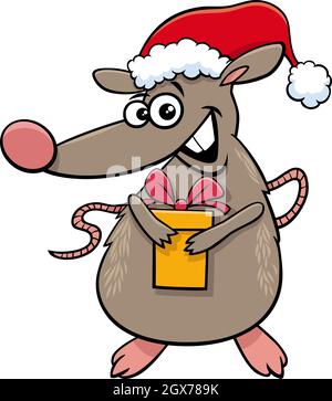 Illustration de dessin animé de personnage animal de rat avec présent à l'heure de Noël Illustration de Vecteur
