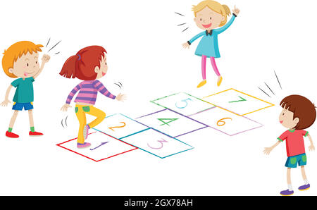 Garçons et filles jouant au hopscotch Illustration de Vecteur