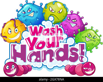 Phrase design pour se laver les mains avec beaucoup de cellules de virus Illustration de Vecteur