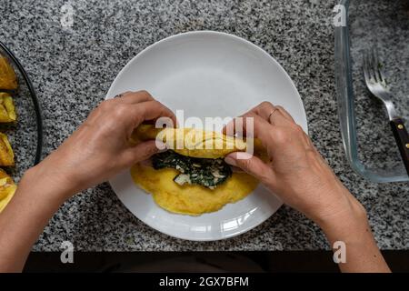 Vue de dessus des mains de femmes roulant délicieux Cannelloni maison rempli d'épinards et de jambon Banque D'Images