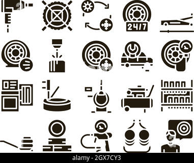 Ensemble de glyphes de service de montage de pneus Vector Illustration de Vecteur