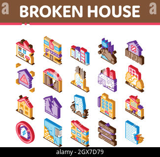 Les icônes isométriques du bâtiment de la maison brisée définissent le vecteur Illustration de Vecteur