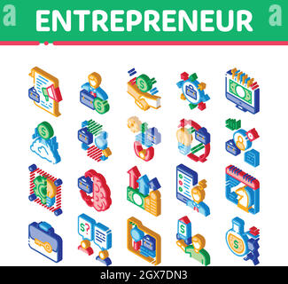 Vecteur de jeu d'icônes isométriques d'entreprise d'entrepreneur Illustration de Vecteur