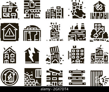 Vecteur de jeu de glyphes du bâtiment de la maison brisée Illustration de Vecteur