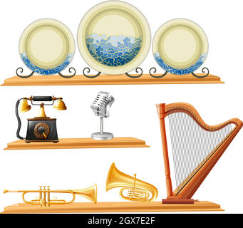 Articles d'époque et instruments de musique sur des étagères en bois Illustration de Vecteur