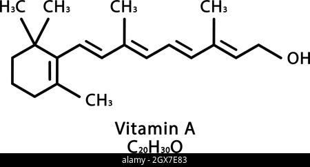 Structure moléculaire du rétinol de la vitamine A. Formule chimique squelettique de rétinol de vitamine A. Formules moléculaires chimiques Illustration de Vecteur