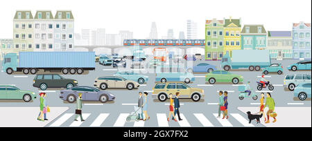 Les voitures à l'intersection dans la circulation se coince dans une grande ville et métro en face des bâtiments, illustration Illustration de Vecteur