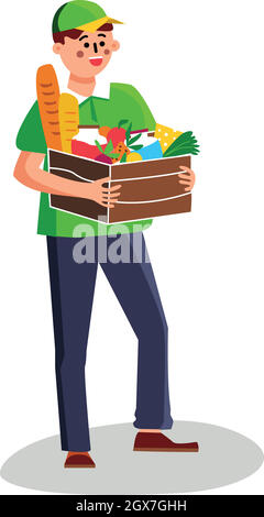 Homme de livraison avec produits Nutrition dans boîte Vector Illustration de Vecteur