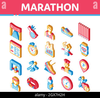 Les icônes des éléments isométriques du marathon définissent le vecteur Illustration de Vecteur