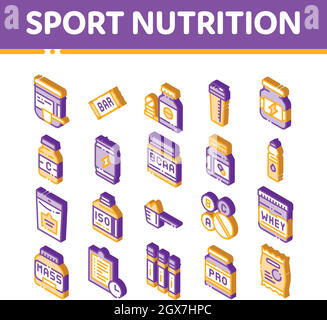 Jeu d'icônes isométriques vectorielles de cellules de nutrition de sport Illustration de Vecteur